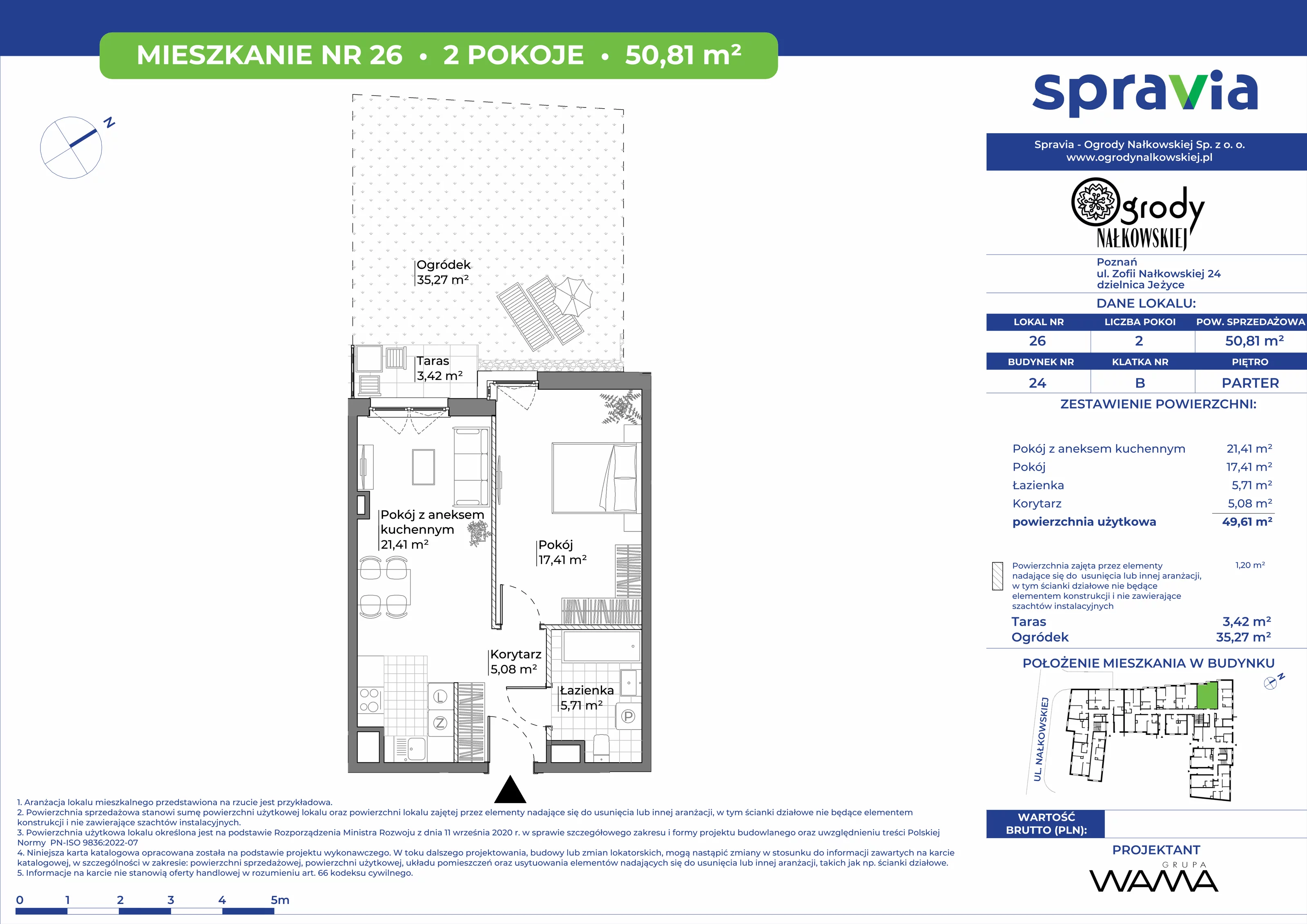 2 pokoje, mieszkanie 50,81 m², parter, oferta nr 24-26, Ogrody Nałkowskiej, Poznań, Ogrody, ul. Nałkowskiej 24, 26